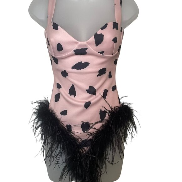 Miscreants Leo Bodysuit Pink Black Feather Trim UK 6 / US 2 NWT - Picture 6 of 8
